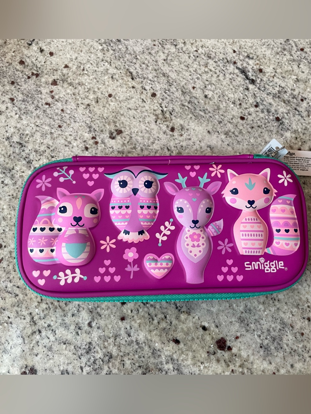 Smiggle Woodland Animals Hard Shell Pencil Case Pink Teal NWT